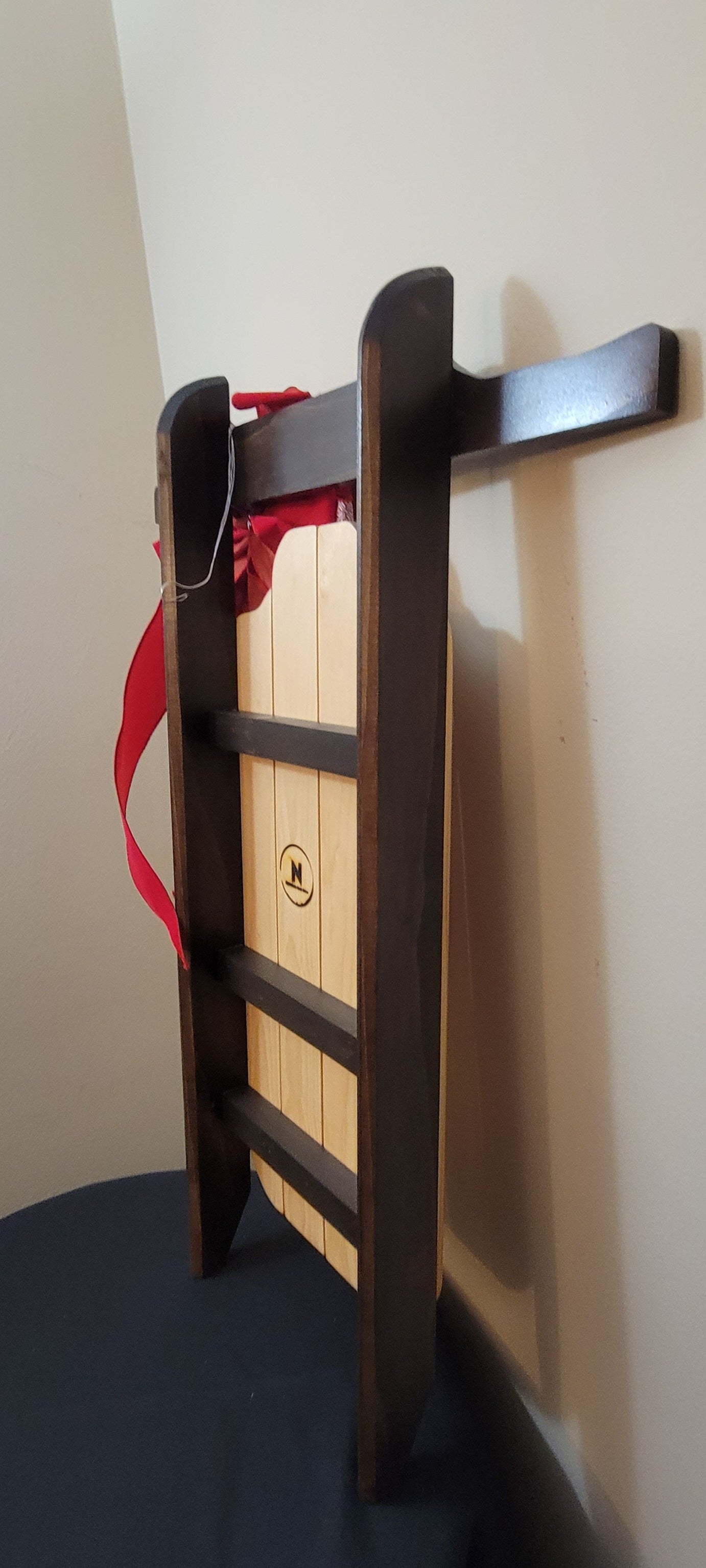 Snowy Lodge – Handmade 32” Wooden Christmas Sled Décor with Scandinavian Ribbon