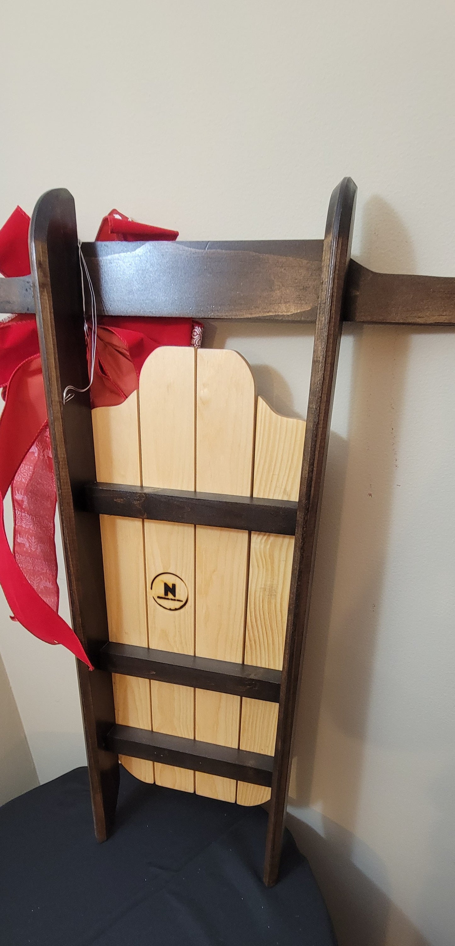 Snowy Lodge – Handmade 32” Wooden Christmas Sled Décor with Scandinavian Ribbon