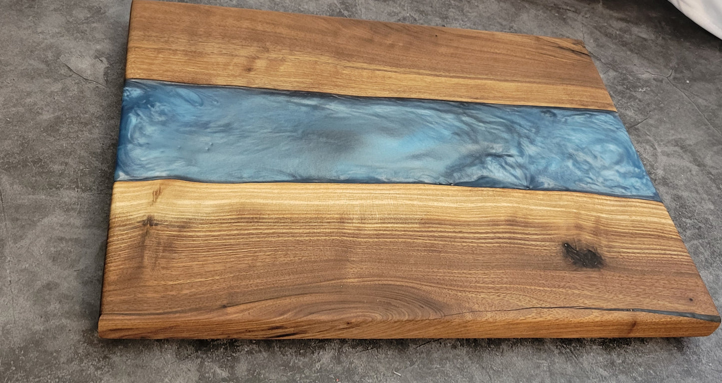 Ocean Breeze Handmade Black Walnut Charcuterie Board with Blue Epoxy River