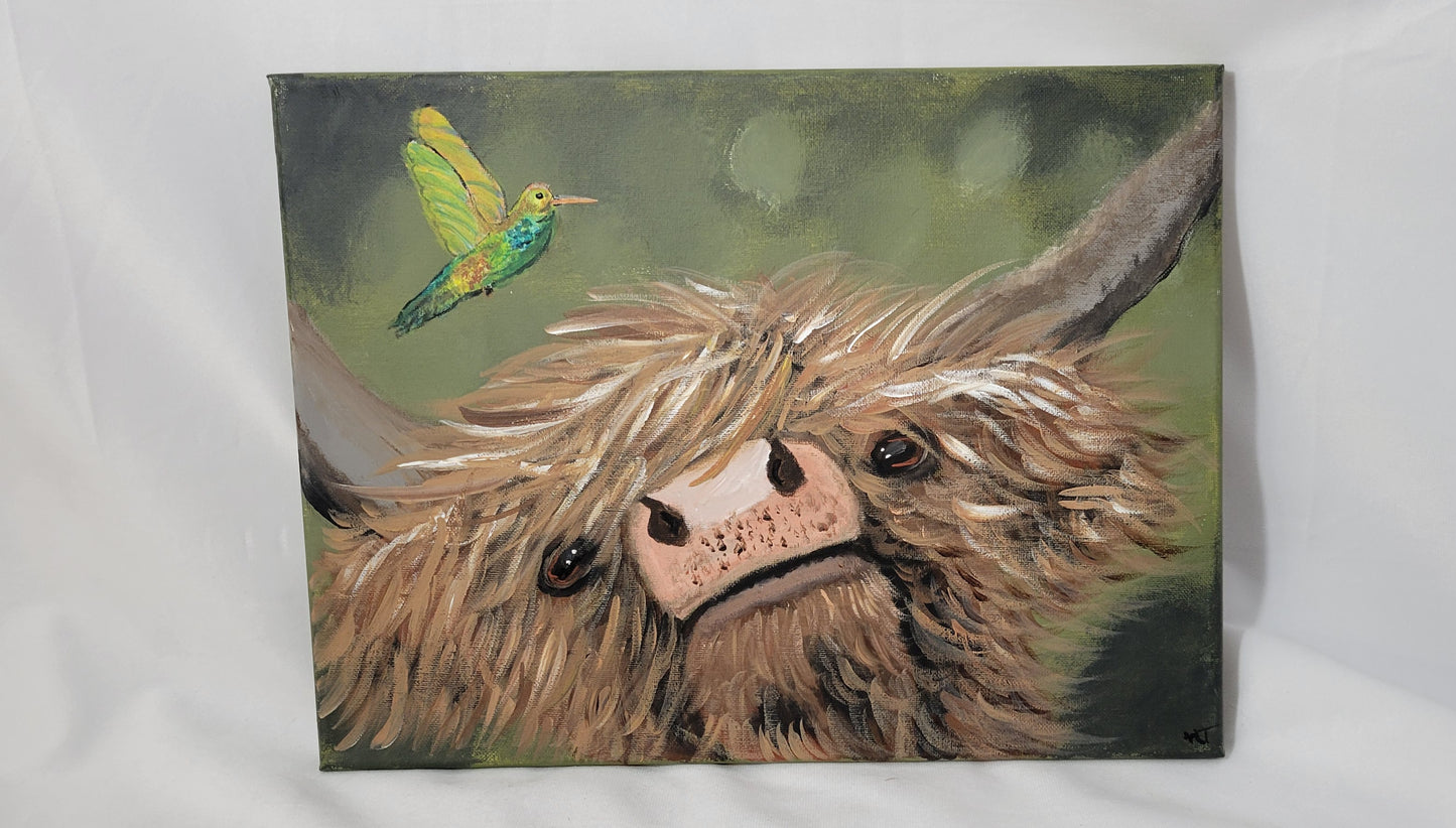 Meadow Whimsy – Highland Cow & Hummingbird Canvas Wall Art