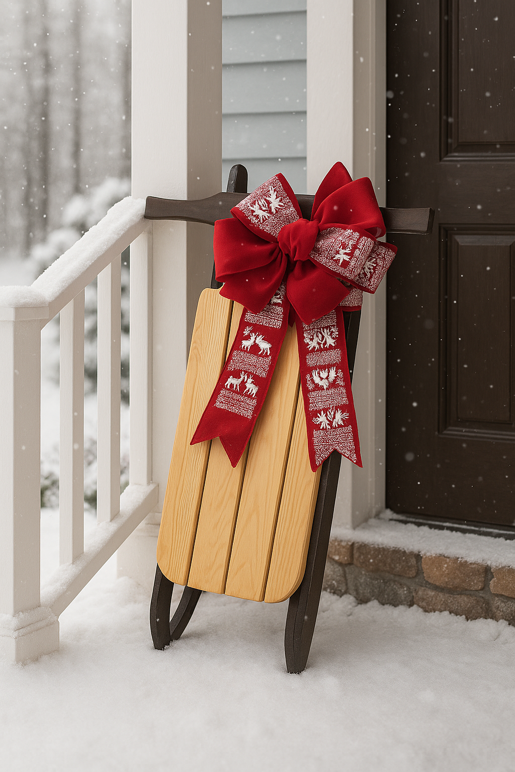 Snowy Lodge – Handmade 32” Wooden Christmas Sled Décor with Scandinavian Ribbon