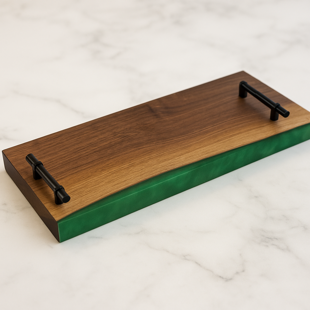 Emerald Tide Handmade Black Walnut Charcuterie Board with Green Epoxy River