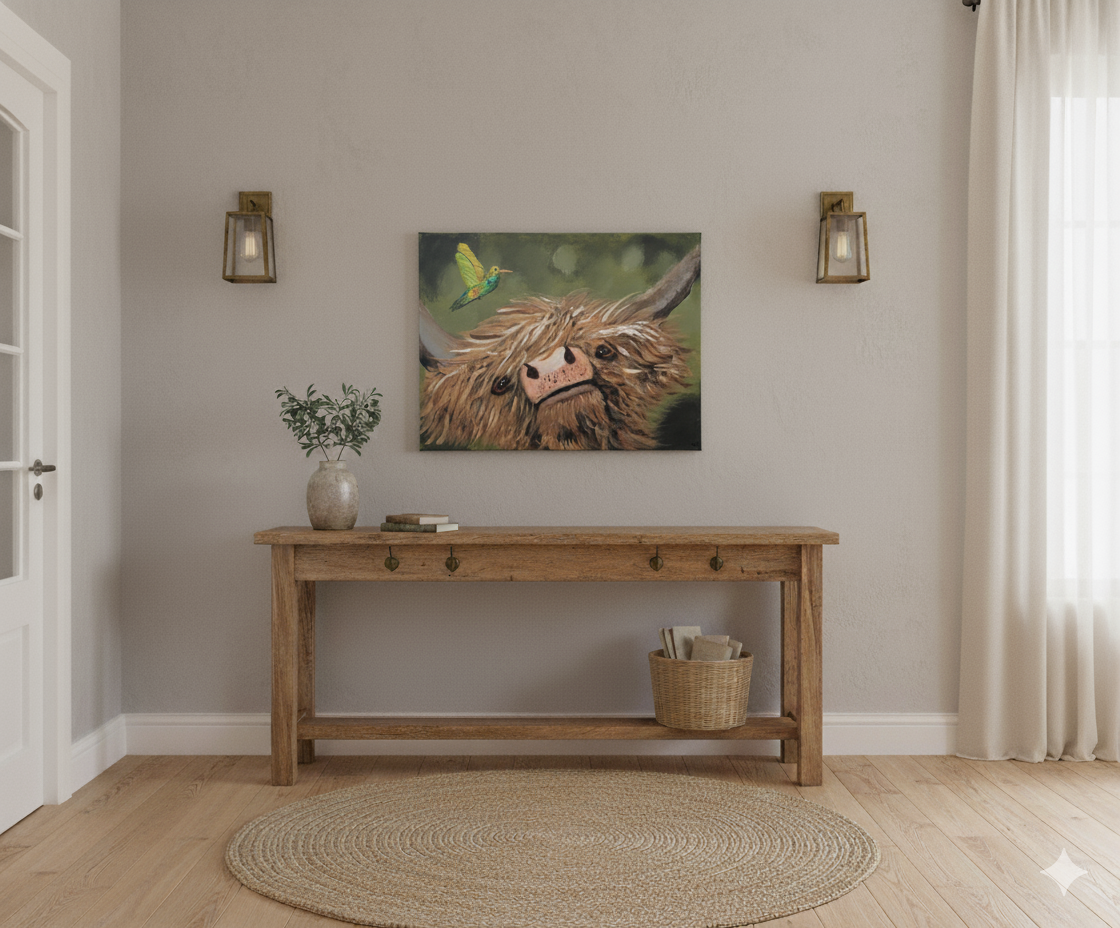 Meadow Whimsy – Highland Cow & Hummingbird Canvas Wall Art