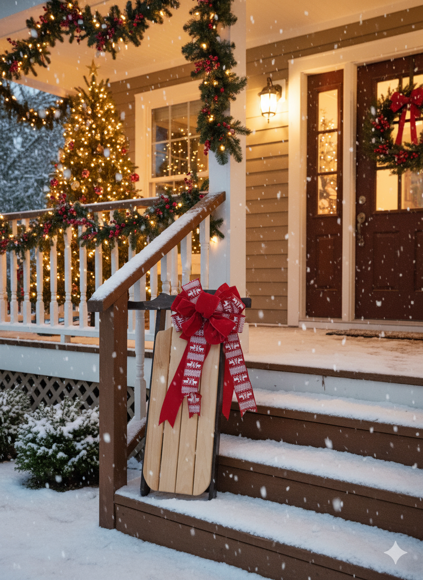 Snowy Lodge – Handmade 32” Wooden Christmas Sled Décor with Scandinavian Ribbon