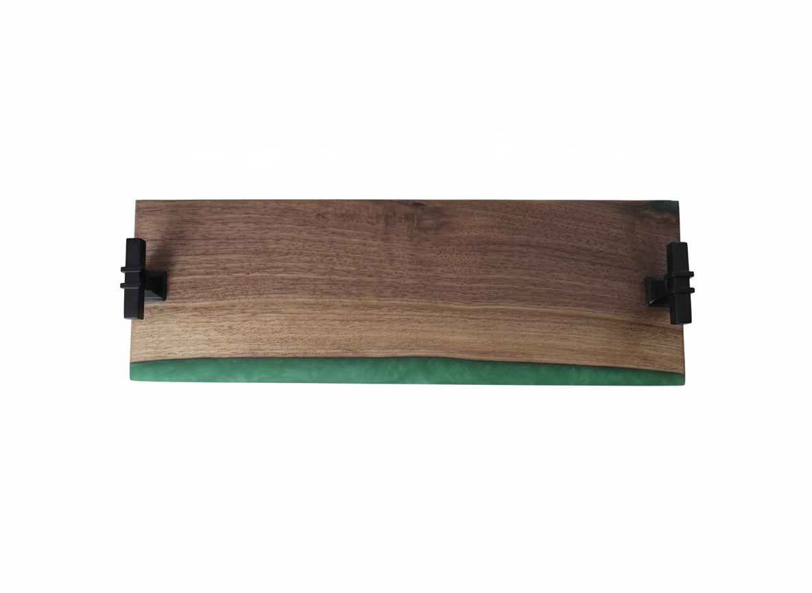 Emerald Tide Handmade Black Walnut Charcuterie Board with Green Epoxy River