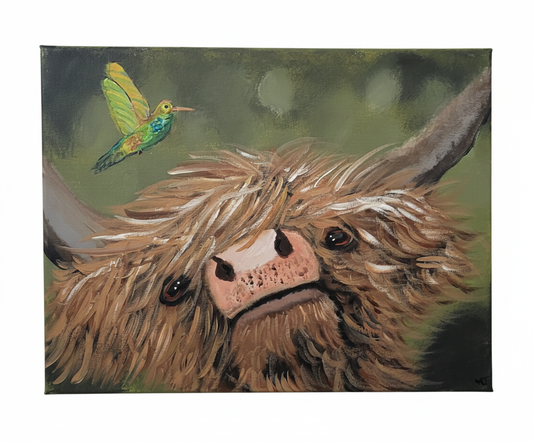 Meadow Whimsy – Highland Cow & Hummingbird Canvas Wall Art