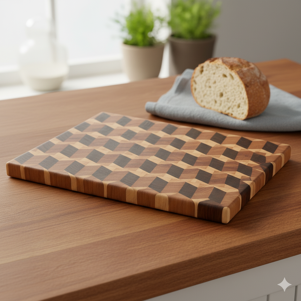 Crafted Grain Illusion – End Grain Cutting Board in Black Walnut, Cherry & Maple