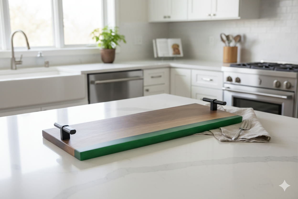 Emerald Tide Handmade Black Walnut Charcuterie Board with Green Epoxy River
