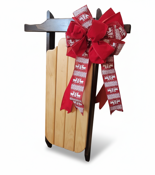 Snowy Lodge – Handmade 32” Wooden Christmas Sled Décor with Scandinavian Ribbon