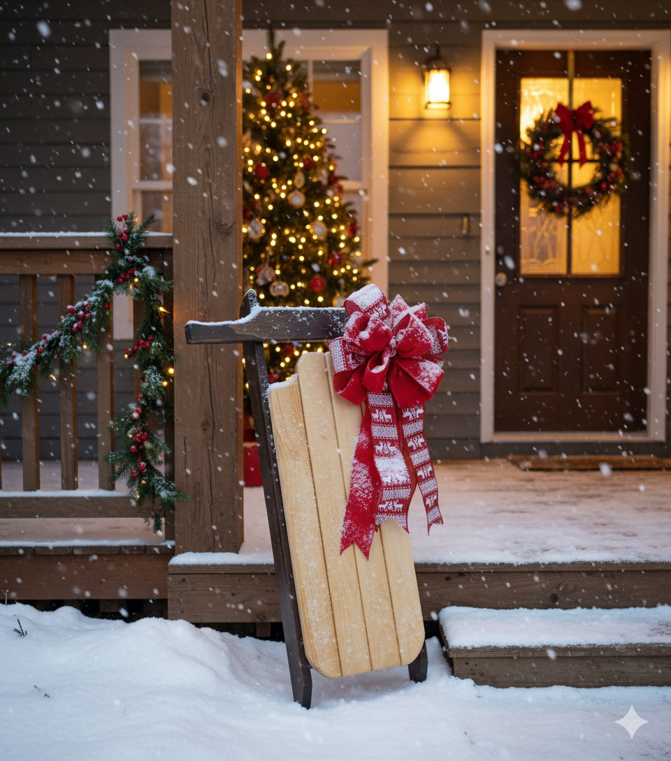 Snowy Lodge – Handmade 32” Wooden Christmas Sled Décor with Scandinavian Ribbon