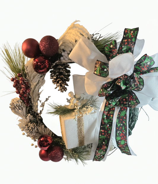 Twilight Evergreen – Green Holiday Wreath with White Bow & Gift Box