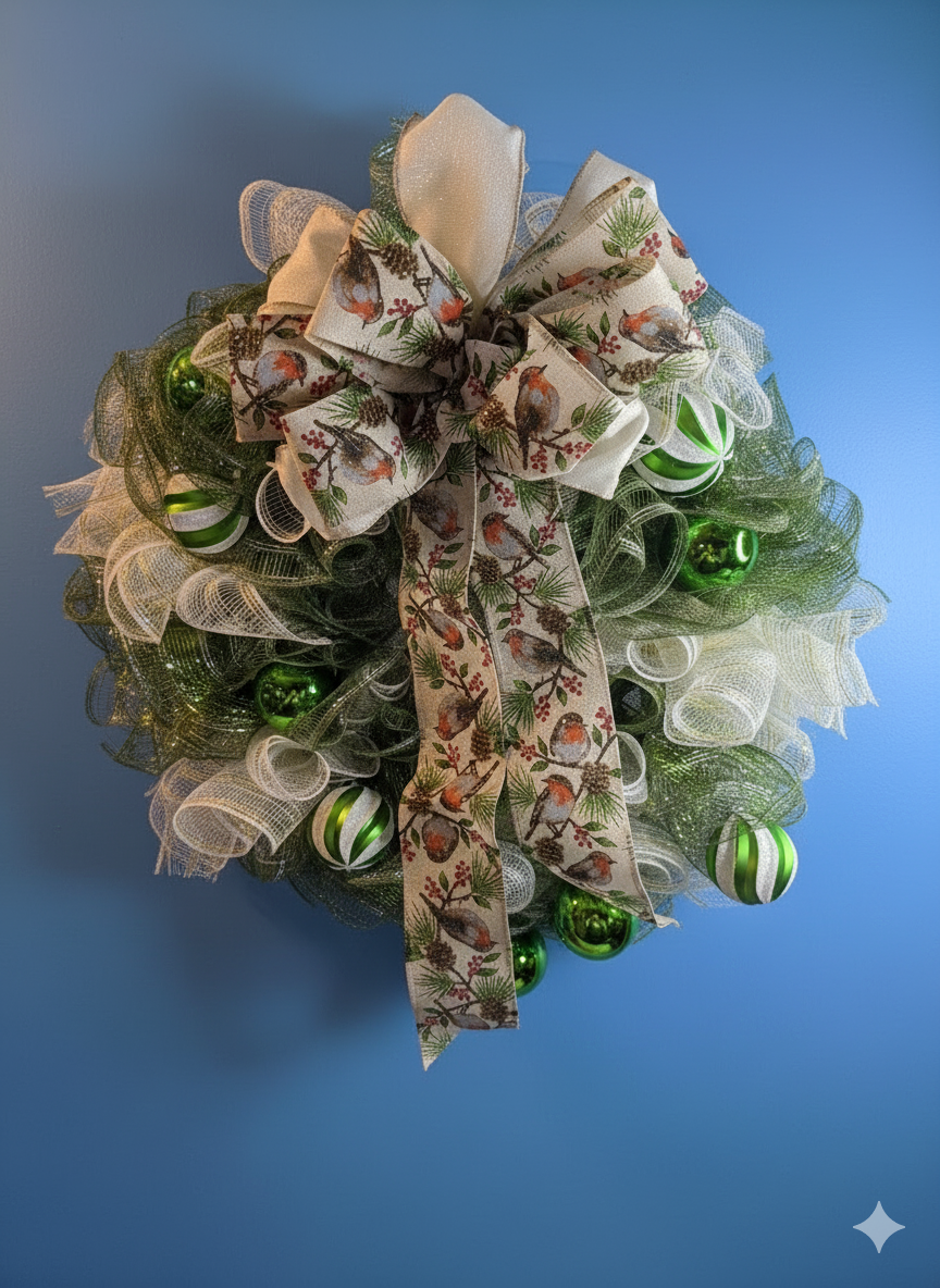 Woodland Cheer – Green & Gold Holiday Mesh Wreath