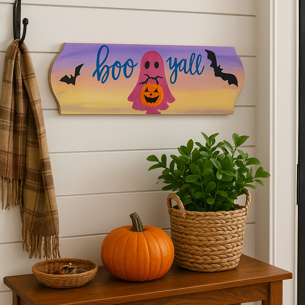 Haunted Greetings – Boo Y’all Ghost & Bat Birch Sign