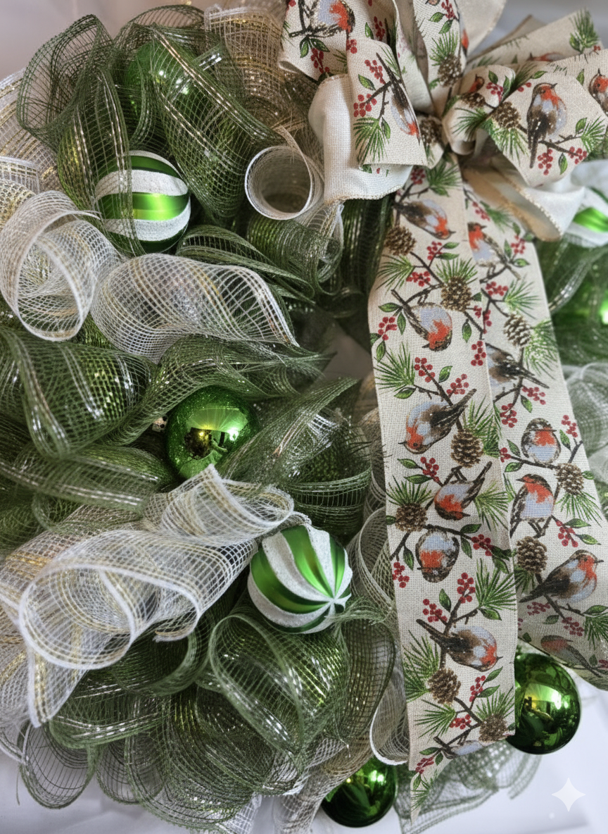 Woodland Cheer – Green & Gold Holiday Mesh Wreath