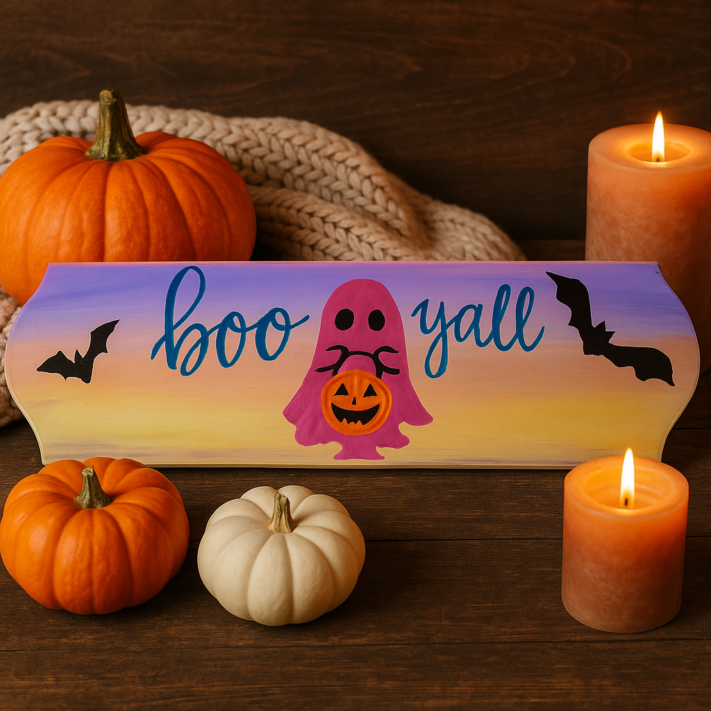 Haunted Greetings – Boo Y’all Ghost & Bat Birch Sign