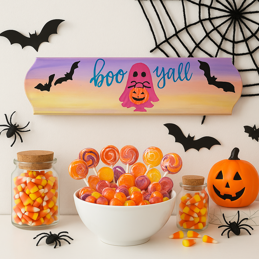 Haunted Greetings – Boo Y’all Ghost & Bat Birch Sign