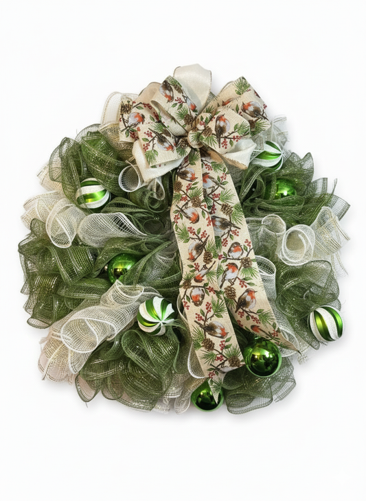 Woodland Cheer – Green & Gold Holiday Mesh Wreath