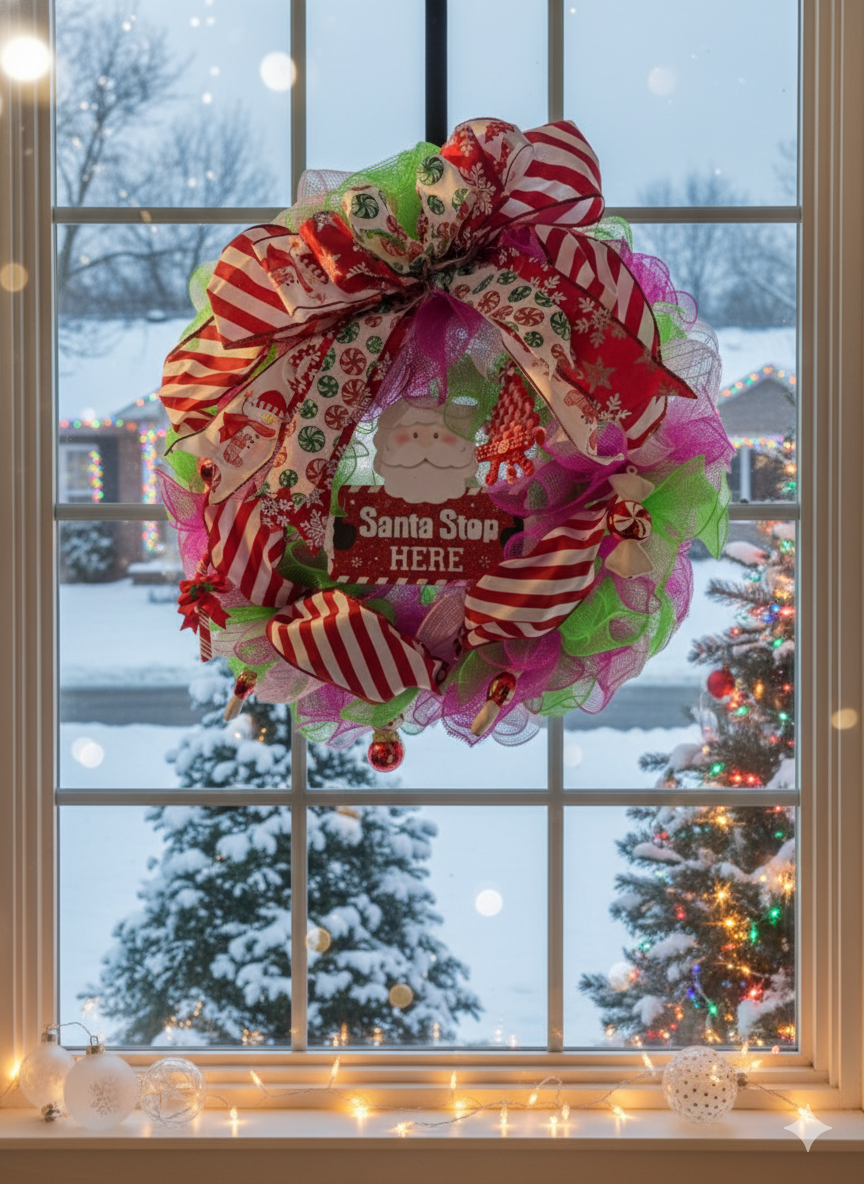 Santa Stop Wreath|Santa Wreath| Santa Workshop Wreath| Fun Christmas Wreath| Red and Green Santa Wreath| Kids Christmas Wreath| Santa Decor