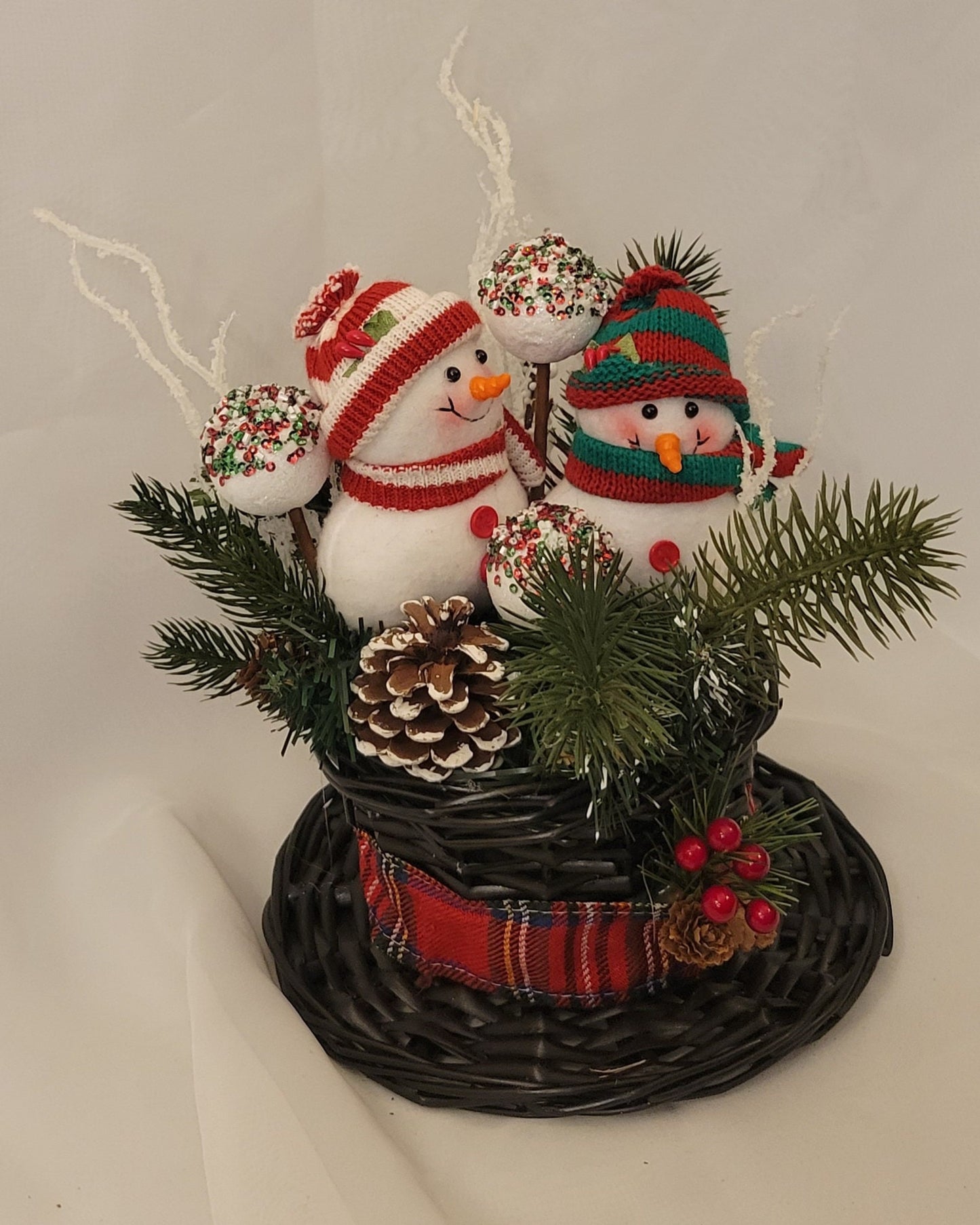 Cozy Knit Duo Centerpiece Winter Snowman Decor