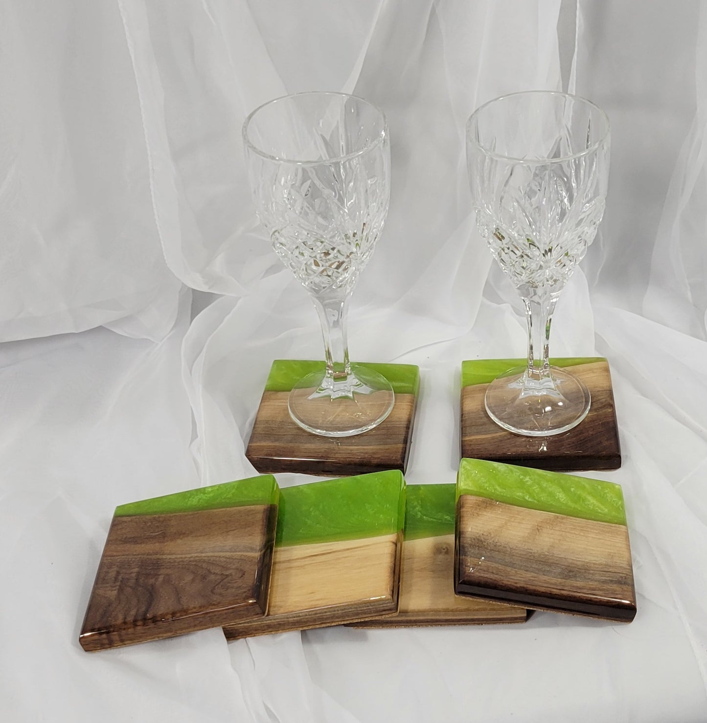 Lime & Pearl Swirl Black Walnut Coaster Set