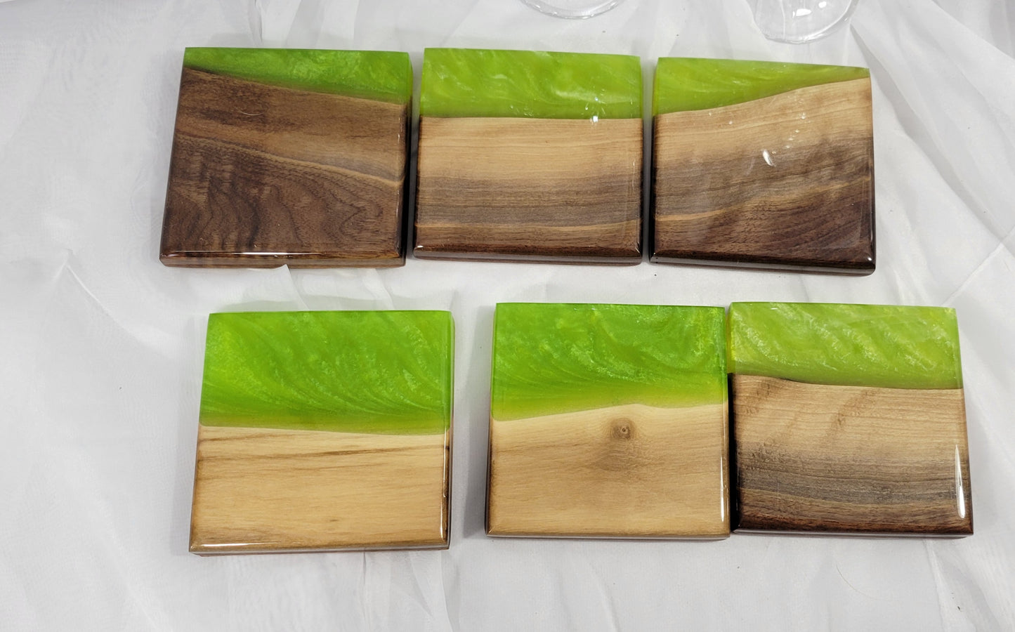 Lime & Pearl Swirl Black Walnut Coaster Set