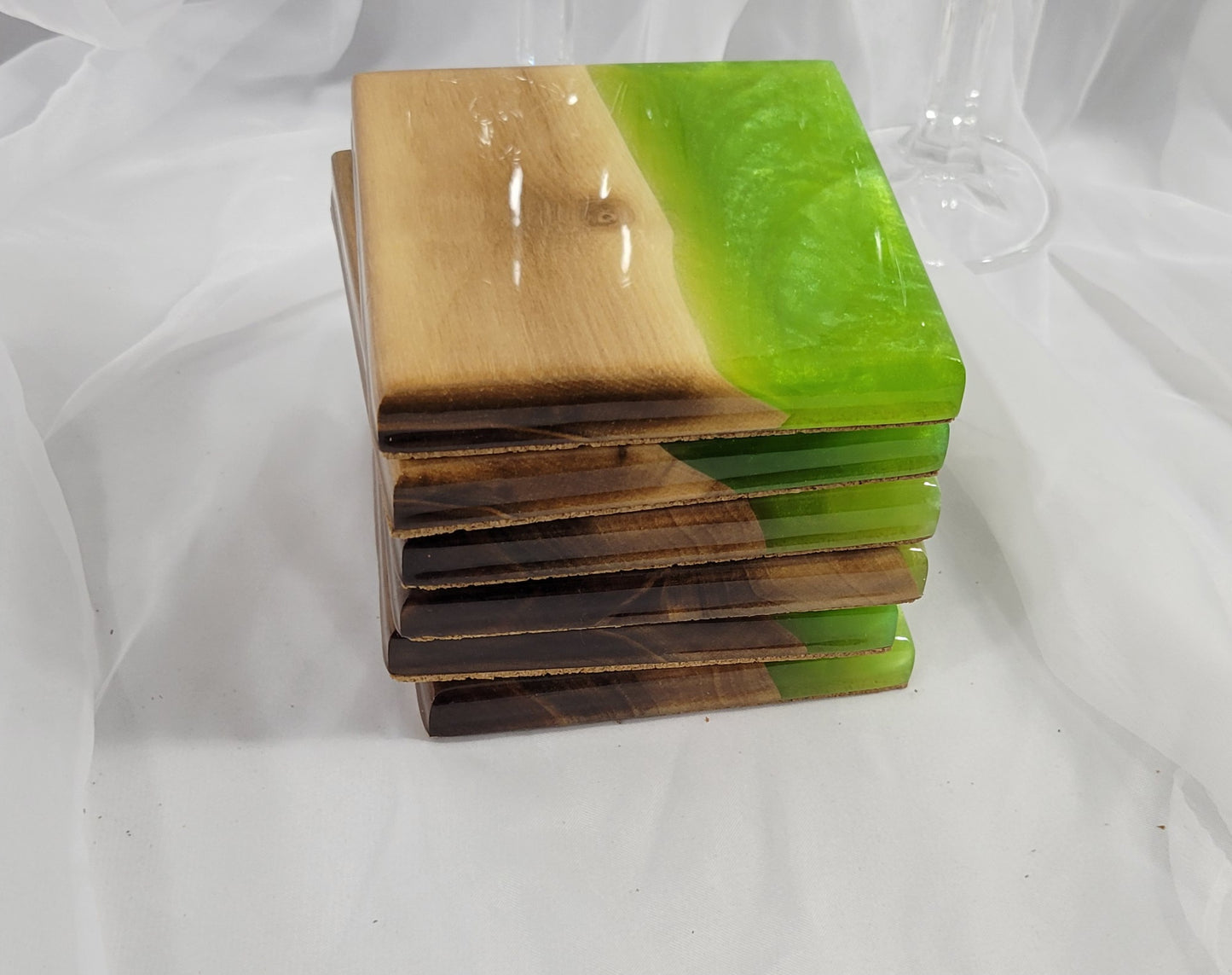 Lime & Pearl Swirl Black Walnut Coaster Set