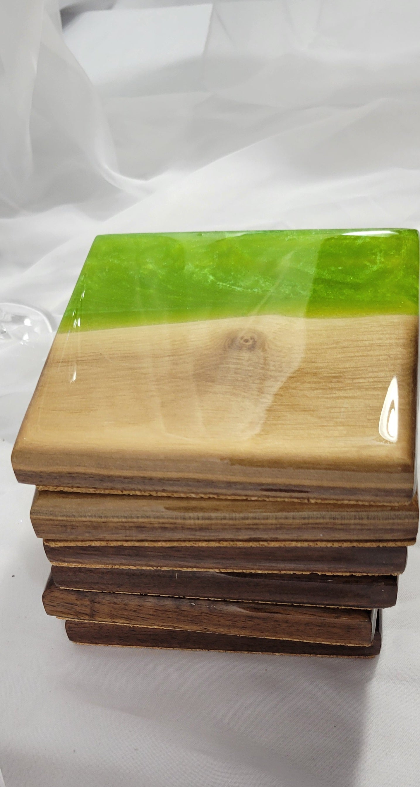 Lime & Pearl Swirl Black Walnut Coaster Set