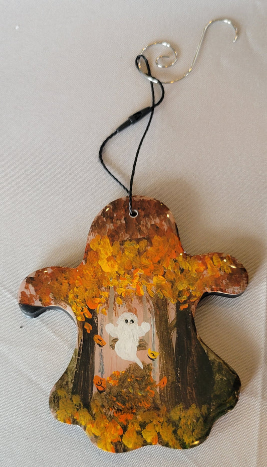 hand-painted ghost ornament, Halloween fall decor, ghost on a swing ornament, autumn ornaments, epoxy resin Halloween decor, fall forest ghost ornament, Halloween tree ornament, handcrafted fall ornament, ghost Halloween decorations, spooky fall decor