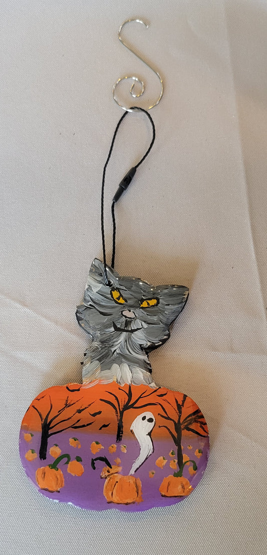 Spooky Cat in Pumpkin Patch: The Perfectly Sinister Fall Ornament - Handmade