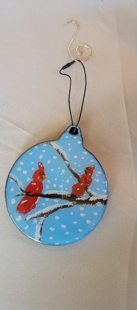 Snowy Cardinals on Branch Ornament – Hand-Painted Magic, Handmade"