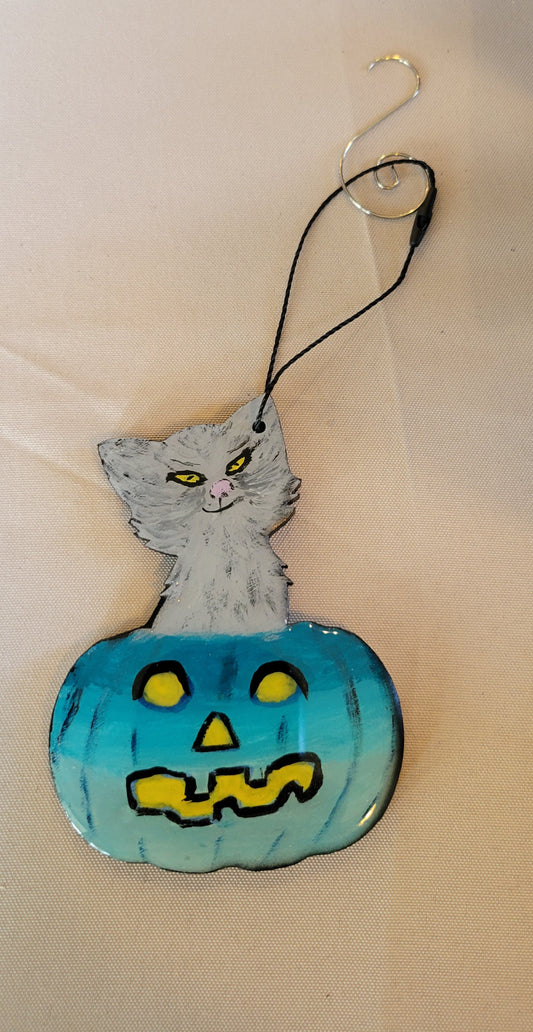 Spooky Cat in a Pumpkin Ornament – Handmade Delight!