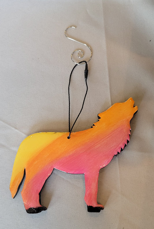 Howling Wolf Sunset Ornament – Handmade with a Fiery Twist