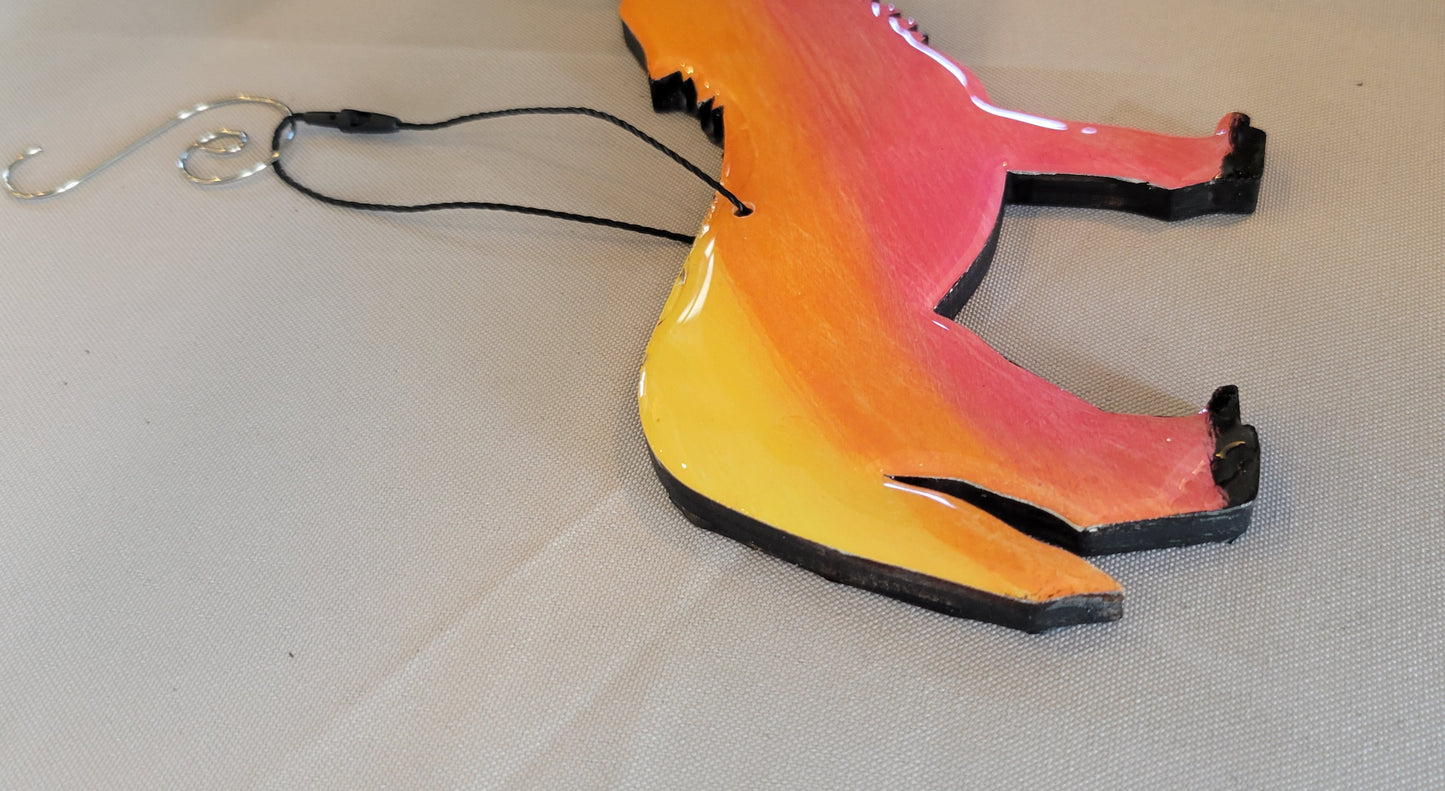 Howling Wolf Sunset Ornament – Handmade with a Fiery Twist