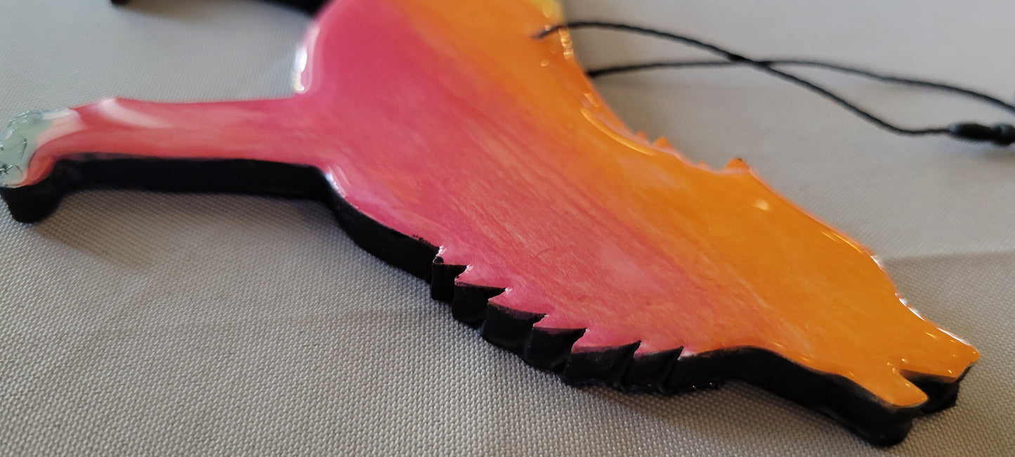 Howling Wolf Sunset Ornament – Handmade with a Fiery Twist