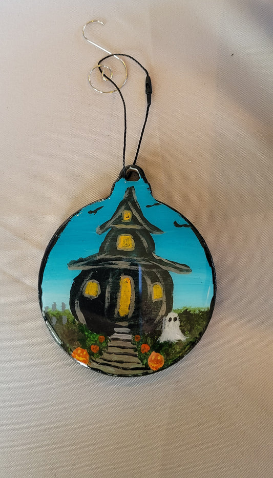 Spooky Charm: Hand-Painted Haunted House Ornament – Handmade