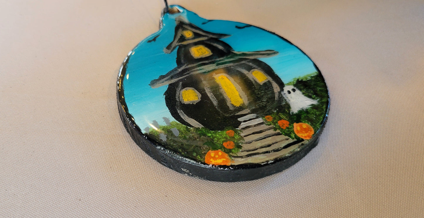 Spooky Charm: Hand-Painted Haunted House Ornament – Handmade