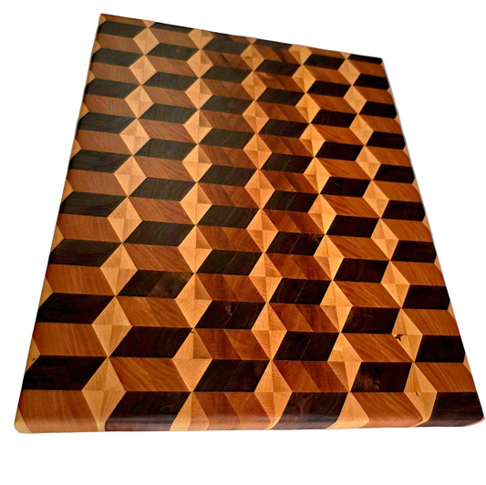 Crafted Grain Illusion – End Grain Cutting Board in Black Walnut, Cherry & Maple