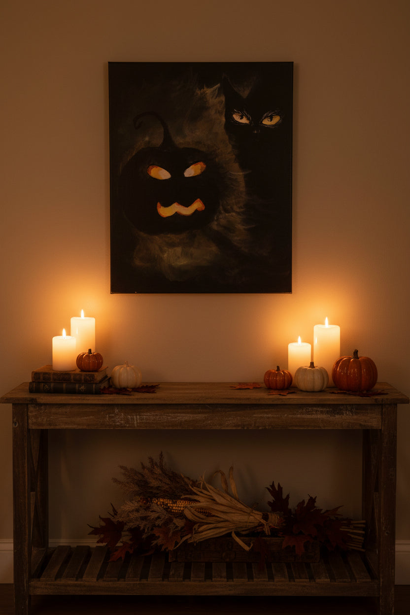 Canvas print of a black cat with a jack-o'-lantern head on a white background