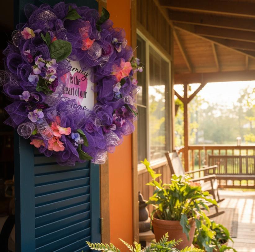 Purple wreath with floral decorations on a blue door with a porch and garden in the background