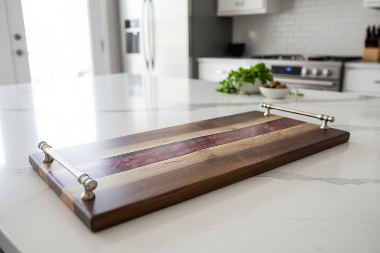 Wooden cutting board with a red meat strip on a wooden surface