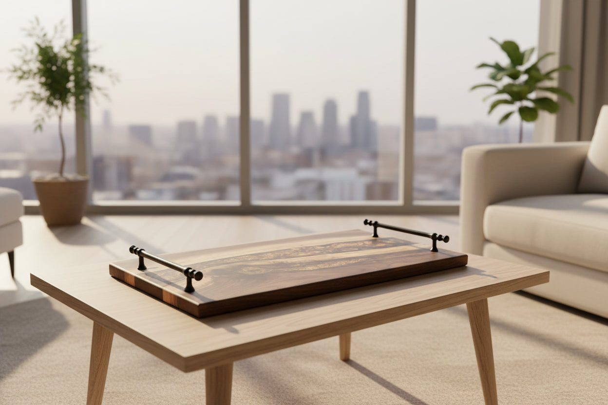 Modern living room with a coffee table and cityscape view
