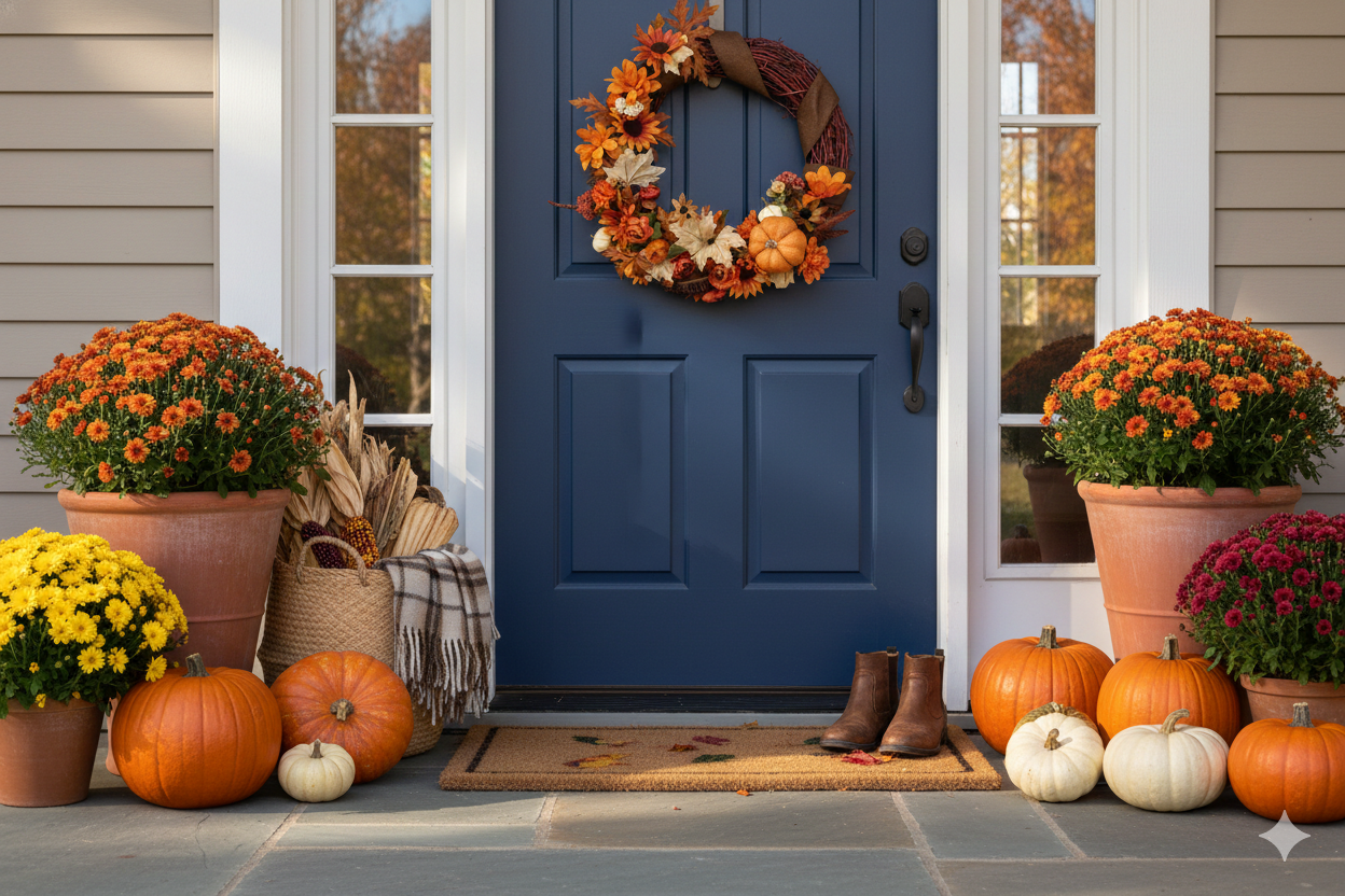 Front door with autumn decorations including pumpkins, wreath, and potted plants.
