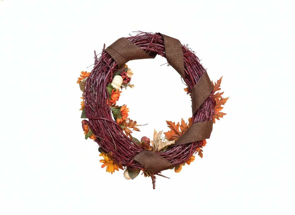 Wreath with autumnal elements and a brown ribbon on a white background