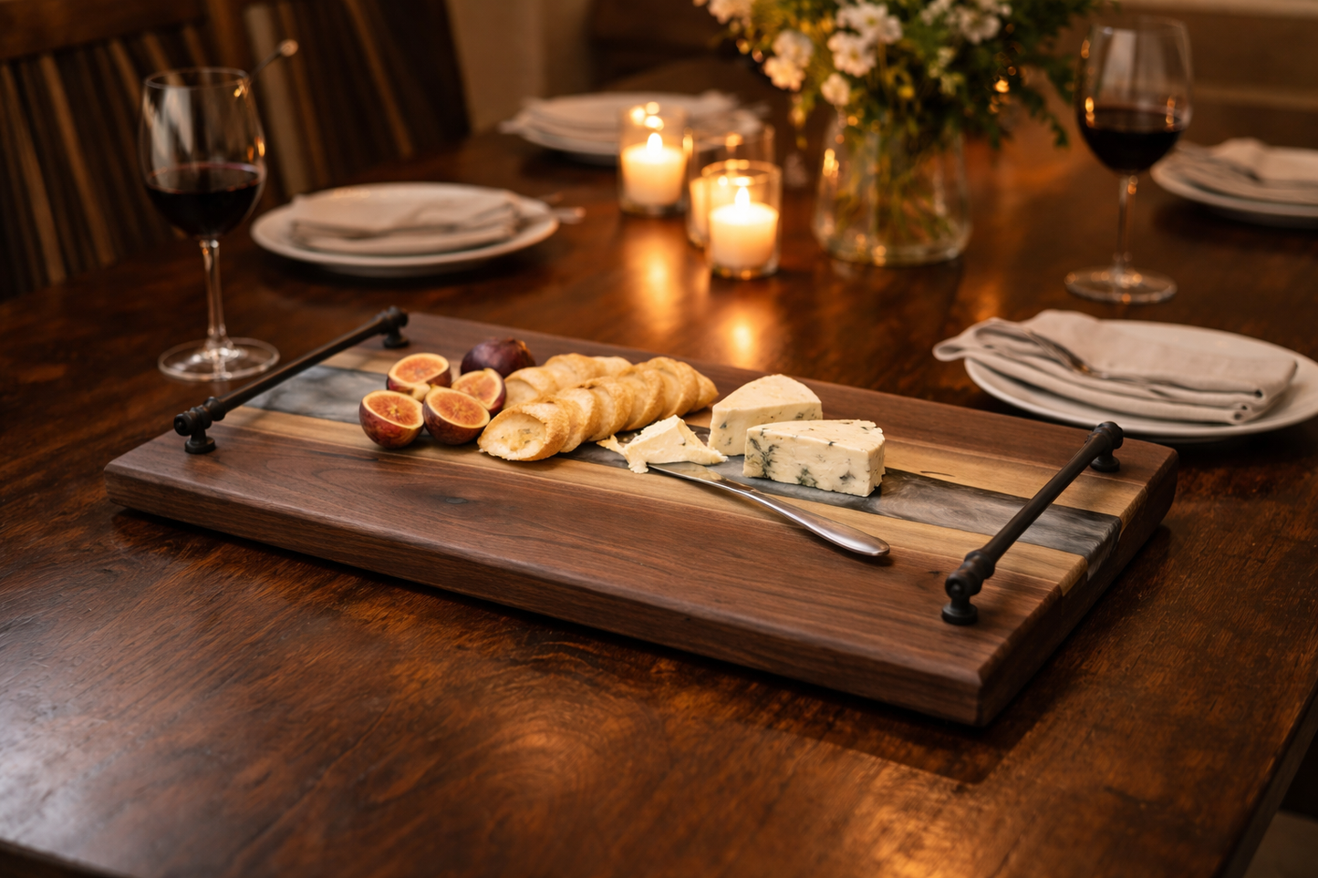 Silver Current – Black Walnut Charcuterie Board with Resin River
