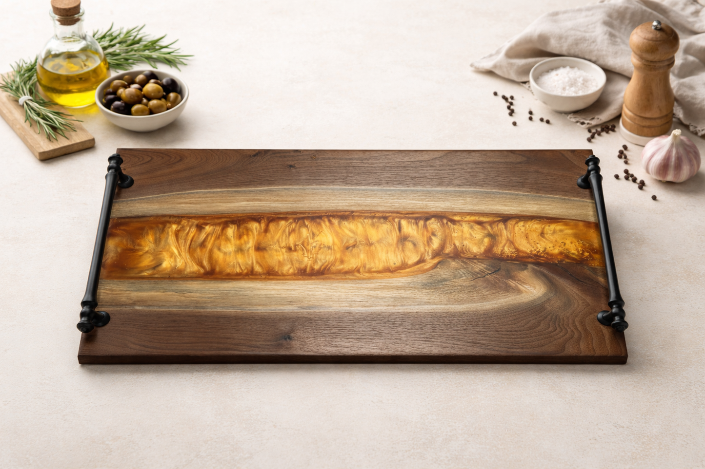 Copper Current – Black Walnut Charcuterie Board with Resin River