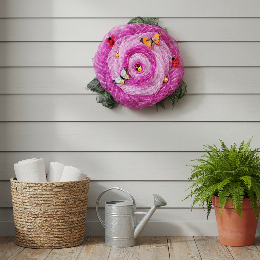 Petals & Pollinators – Pink Garden Mesh Wreath