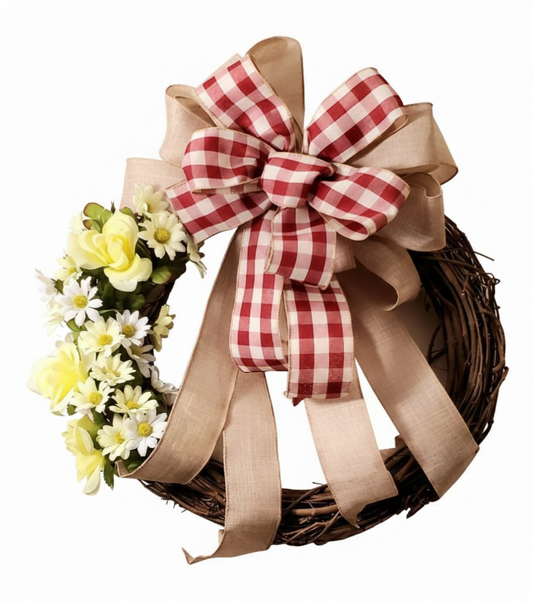 Countryside Bloom – Red Gingham & Burlap Grapevine Wreath