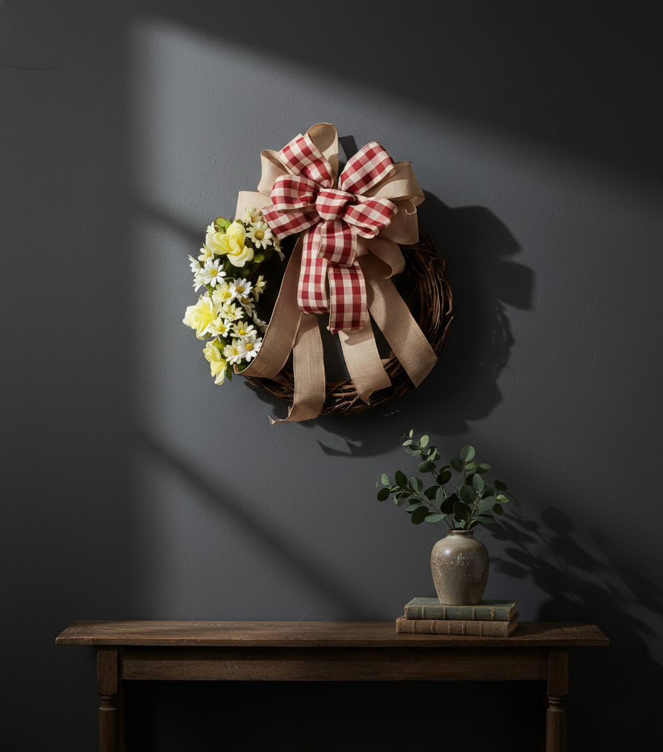 Countryside Bloom – Red Gingham & Burlap Grapevine Wreath