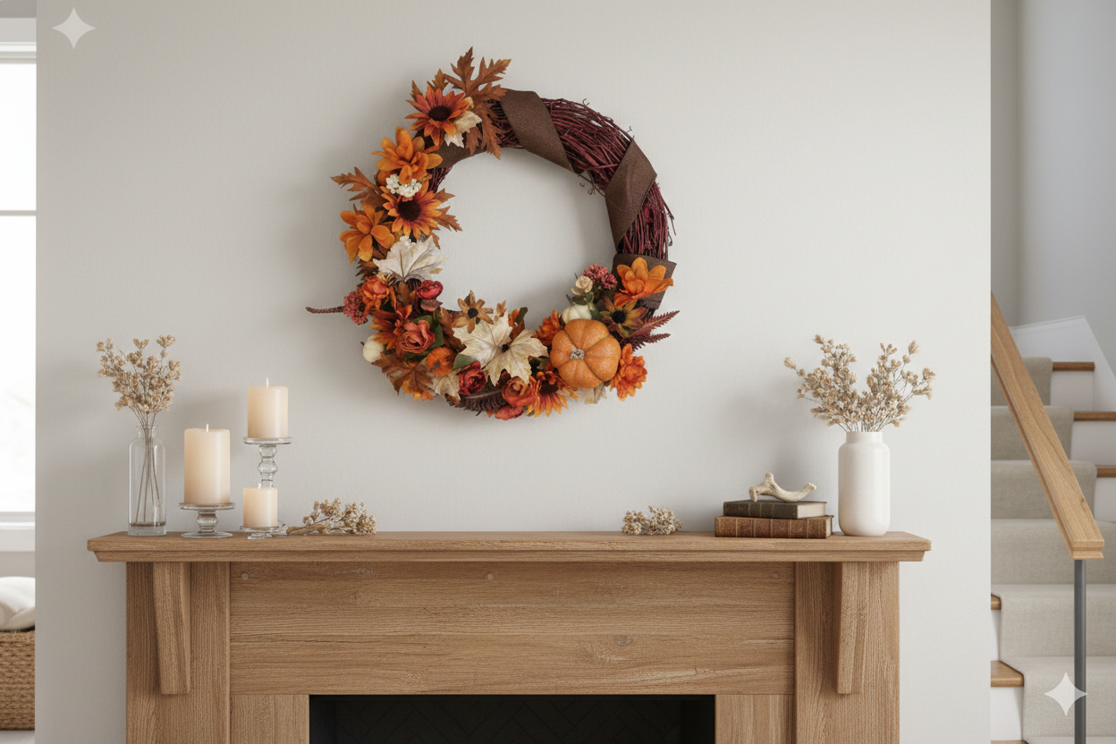 Decorative wreath with pumpkins and leaves on a wooden mantelpiece.