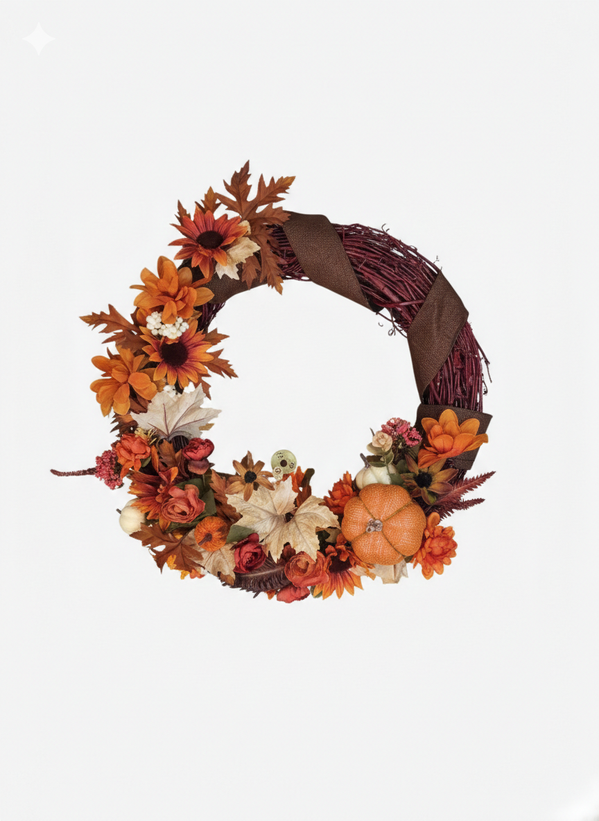 Decorative wreath with autumnal elements on a white background